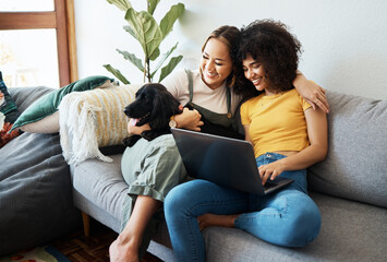 Dog, laptop or gay couple hug on sofa to relax together in healthy relationship love connection. Lgbtq, home or happy lesbian women with a pet animal to bond on living room couch for remote work