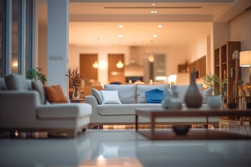 Fototapeta premium Blurred modern living room interior with stylish sofa and wooden lamp for captivating backgrounds. Generative AI