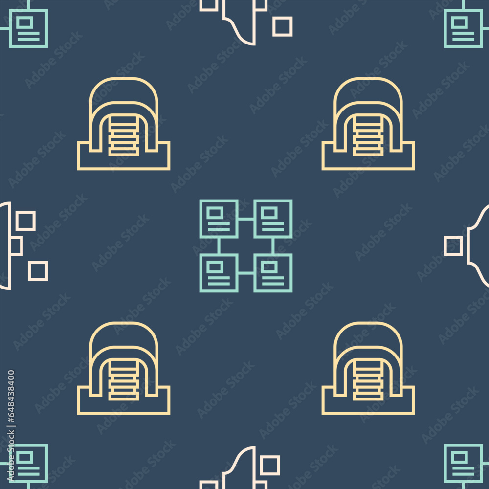 Poster set line filter setting, hangar with servers and hierarchy organogram chart on seamless pattern. vec