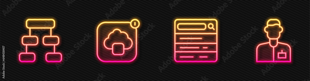 Poster set line search engine, hierarchy organogram chart, cloud technology data transfer and analyst engin