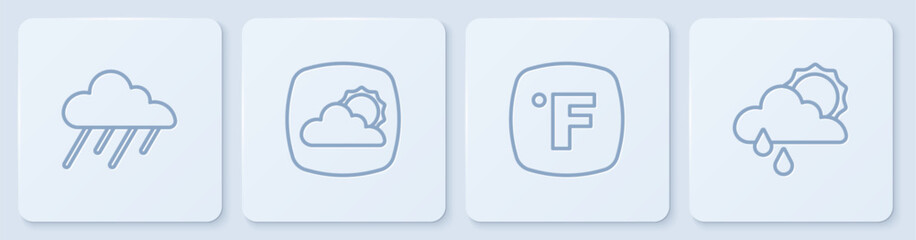 Set line Cloud with rain, Fahrenheit, Weather forecast and and sun. White square button. Vector - obrazy, fototapety, plakaty