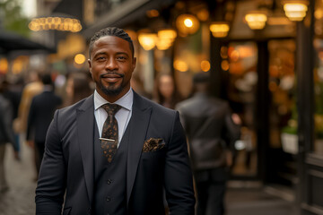 Fototapeta premium portrait of a handsome smiling young black african american businessman boss in a black suit walking on a city street to his company office. blurry crowdy street background. Generative AI