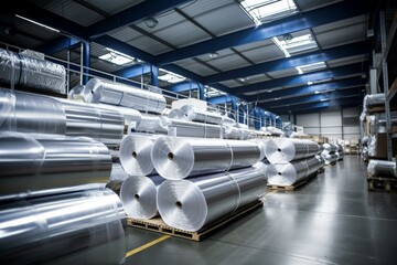 Factory warehouse with aluminium foil rolls. Generative AI - obrazy, fototapety, plakaty