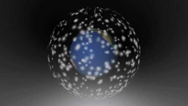 Animated image of Earth surrounded by glowing particles, depicting global connectivity or a digital network concept.