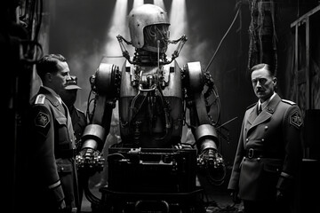 Fototapeta na wymiar Black and white photo of WW2 experiments with steampunk robotics