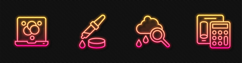 Set line Cloud with rain, Chemical formula, Pipette and Calculator. Glowing neon icon. Vector