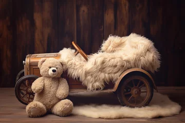 Poster Im Rahmen Newborn backdrop with vintage car. Ai generated image. © Elena Schweitzer