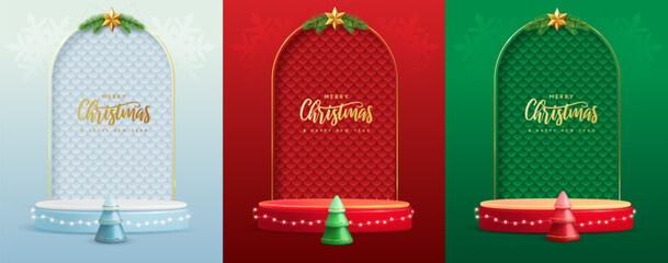 Set of holiday Christmas showcase backgrounds with 3d podium, Christmas tree and stars. Vector illustration