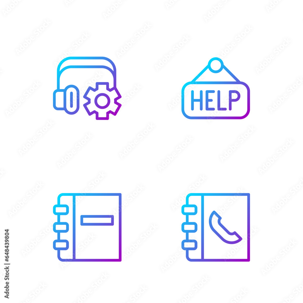 Poster set line phone book, notebook, headphoneswith settings and signboard text help. gradient color icons