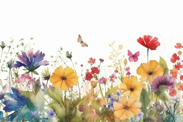 A vibrant border showcasing watercolor-style wildflowers. Generative AI