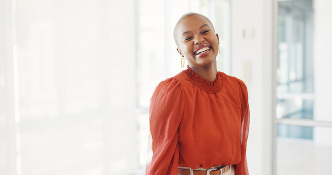 Smile, confident and business black woman in a company happy for startup development or growth at work. Designer, laughing and portrait of young employee or African entrepreneur proud in office
