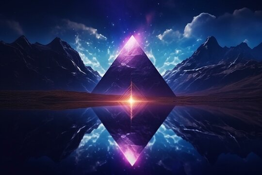 Abstract neon background with geometric shape, surreal landscape, mountains, calm water, and glowing triangle. Fantastic nature wallpaper. Generative AI