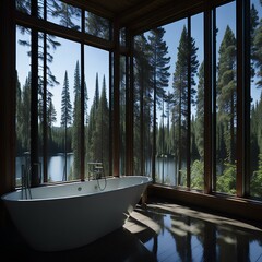 A serene lakeside bathroom, basking in the warm morning sun. The gentle rays of light peek through the towering trees, casting a soft glow on the tranquil scene.