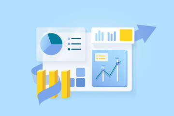 Data analytics, strategy and planning report on the desktop screen with arrow and blue background. Business growth is up.