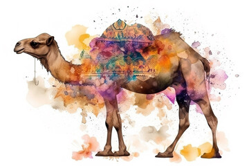 Image of a camel surrounded by colorful tropical flowers. Wildlife Animals. Illustration, Generative AI.