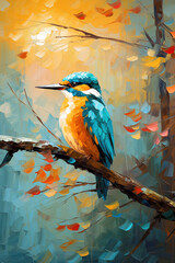 Beautiful painting of common kingfisher on a branch under a tree in the forest. Bird, Wildlife Animals. Illustration, Generative AI.