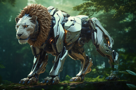 Image of male lion gundam robot technology an ectronic in the forest. Wildlife Animals. Generative AI. Illustration.