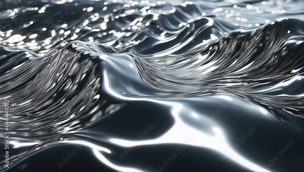 Wall mural liquid chrome waves background, shiny and lustrous metal pattern texture.