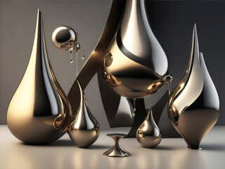 Abstract background 3D metallic art concepts, simple shapes and forms, liquid metal abstract art