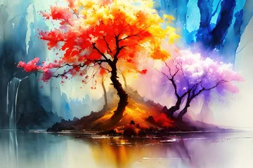 Cercles muraux Rose clair Watercolor landscape art with multicolored forest, surreal trees with colorful leaves, artistic vision of autumn.