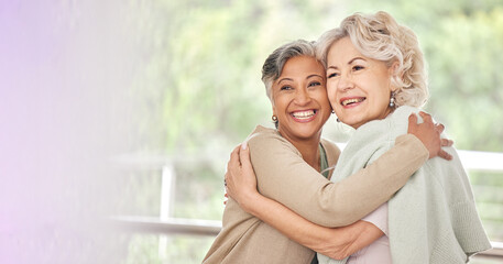 Smile, hug and old woman friends on space together for a visit during retirement in a senior home. Love, funny and happy elderly people embracing for support, unity or solidarity while bonding