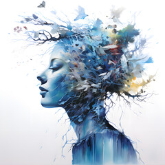 Fototapeta premium Young woman portrait with birds flying over head