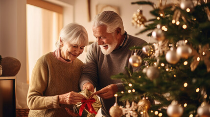 Mature senior couple decorating christmas tree