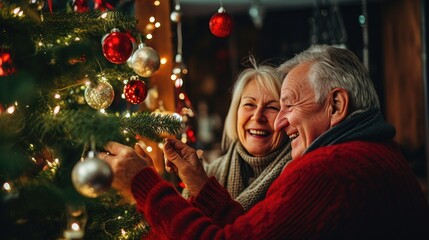 Mature senior couple decorating christmas tree