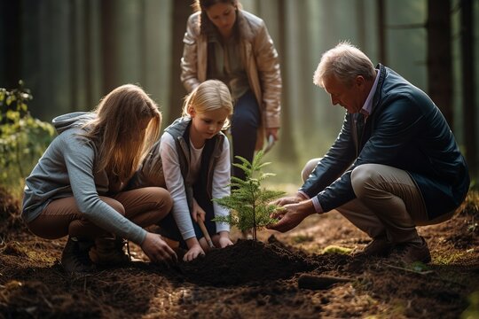A diverse family comes together to plant a tree in a serene forest, a meaningful act symbolizing life, love, and legacy while honoring a loved one's memory.