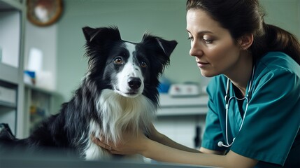 Beautiful female veterinarian doctor examining a cute happy dog in a veterinary clinic. pet health