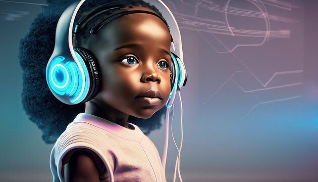 Black Baby with futuristic headphones