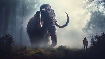 Man with a large mammoth, style of realistic fantasy artwork - obrazy, fototapety, plakaty