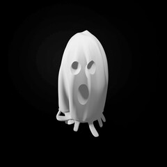 Spooky cute Halloween white ghost isolated on black background. 3D render illustration.