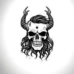 Black and white line drawing of a heavy metal band logo featuring an evil skull with horns.