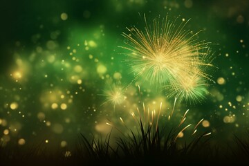 Festive illustration depicting Patrick's Day fireworks against a green and gold bokeh background. Generative AI