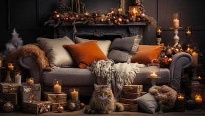 Christmas interior with adorable cat