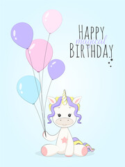 Happy magical Birthday Cute Unicorn with colorful balloons