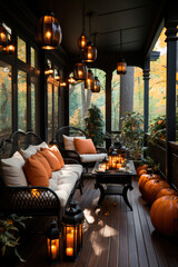 Cozy sofas on the terrace of the house and lanterns with pumpkins, decorated for the Halloween holiday