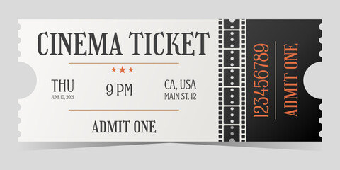 Cinema entry white ticket with black in old style. Admit one