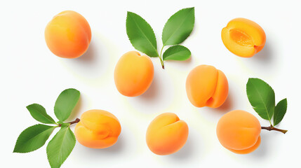 Frische Aprikose mit einzelnen Blättern isoliert auf weißem Hintergrund, apricot with generative...