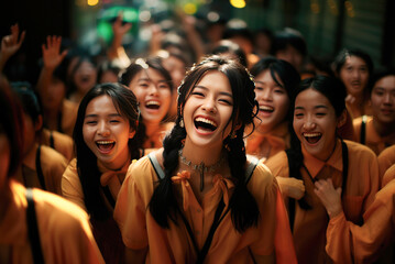 Asian schoolgirls with backpacks smile and laugh