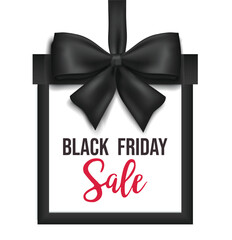 Decorative black bow with ribbons and price tag isolated on white for black friday sale design. Vector illustration
