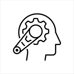 Human head with cogwheels inside linear icon. Artificial intelligence. Technology progress. Thin line illustration on white background