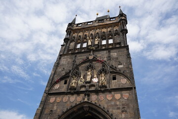 Fototapeta na wymiar Close up of old town bridge tower, Gothic architecture, Charles bridge in Prague, Czech republic