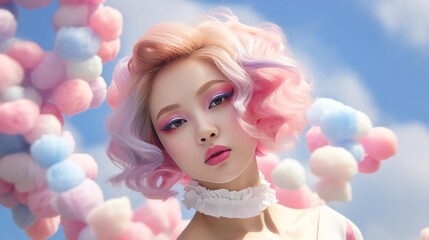 Obraz na płótnie Canvas Close up Korean fashion model with candy make up and marshmallow clouds in the background.