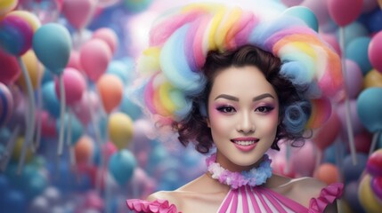 Obraz na płótnie Canvas Close up Korean fashion model with candy make up and marshmallow clouds in the background.