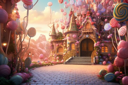 Enchanting dreamlike scene filled with delightful candies and a whimsical ambiance. Generative AI