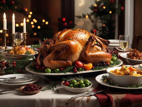 a festive holiday table with a beautifully roasted turkey and all the traditional side dishes.