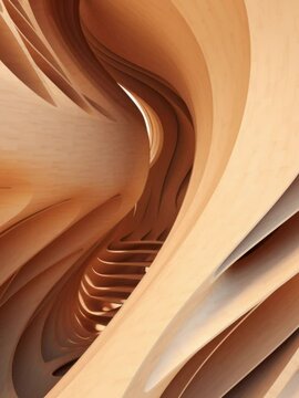 Abstract of wooden pattern, twisted shape, architecture  details, Perspective of future building design, Parametric wall. Vertical video for business