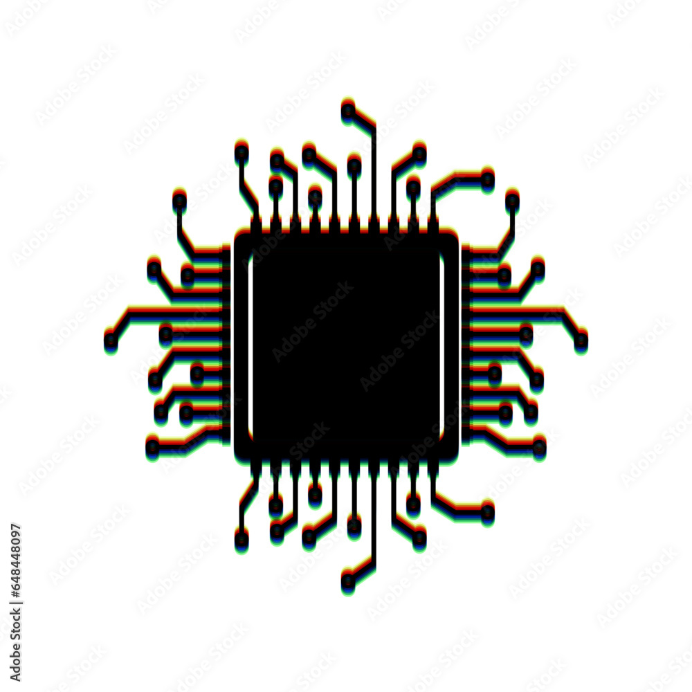 Aufkleber cpu microprocessor illustration. black icon with vertical effect of color edge aberration at white b